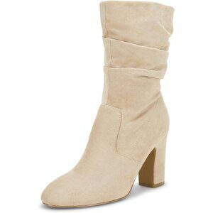 Women's Nude Microfiber Mid Calf High Chunky Heel Block Rounded Toe Booties